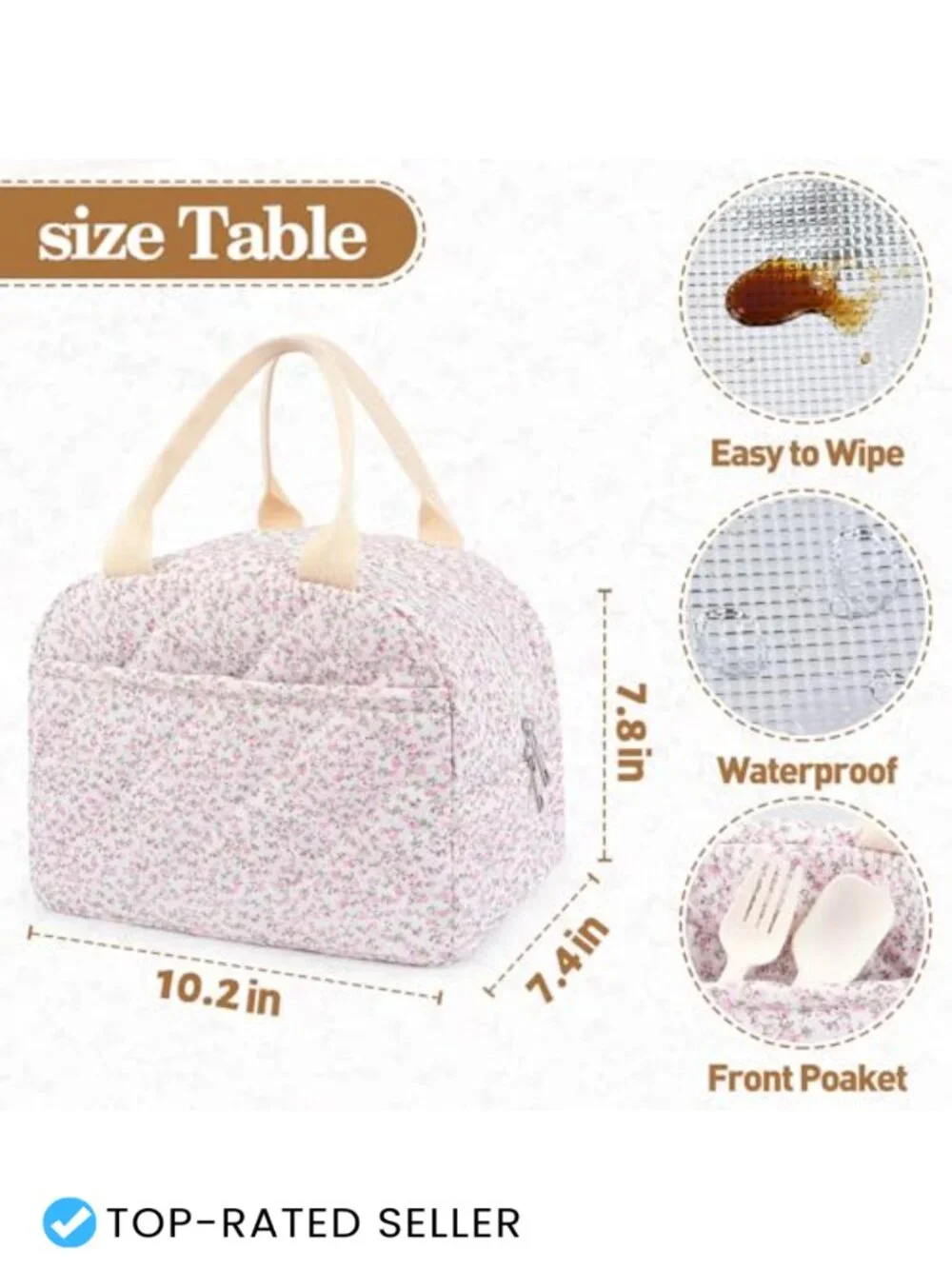 Quilted Insulated Lunch Bag, Reusable Floral Lunch Tote, Large Capacity Cooler
